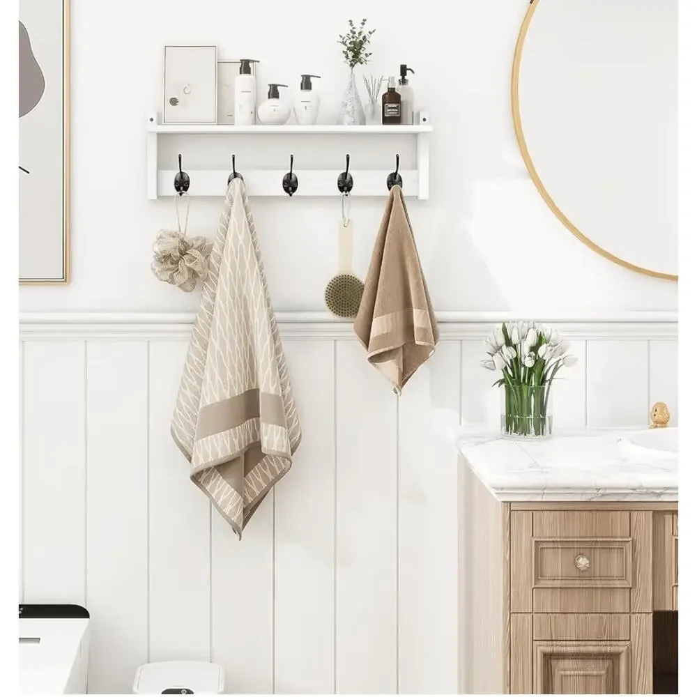 Wall Mount Coat Rack with Shelf 5 Hooks for Coats Backpacks Keys, White